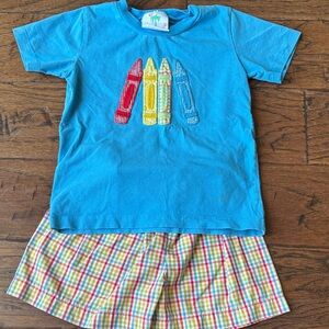 Kids Blue Crayon Appliqué Tee - Classic Cotton Short Sleeve